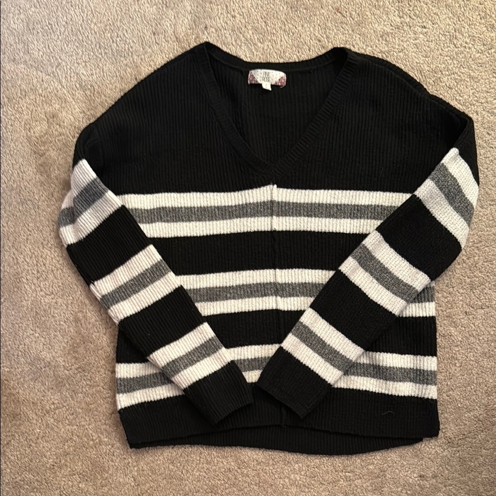 Pink Rose Black and Gray Striped V-Neck Sweater